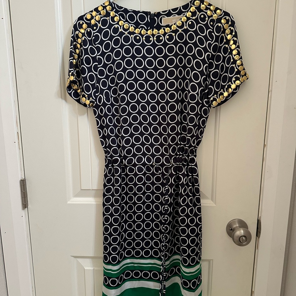 Michael Kors Blue and White Sheath Dress with Dolman Sleeves